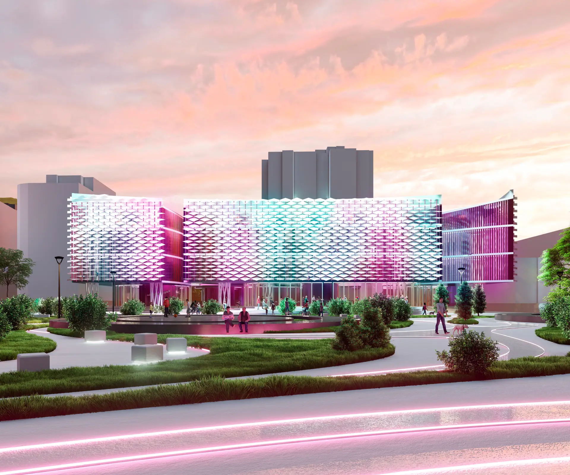 Render principal de centro multicultural flexible diseñado por KovBor Arquitectos