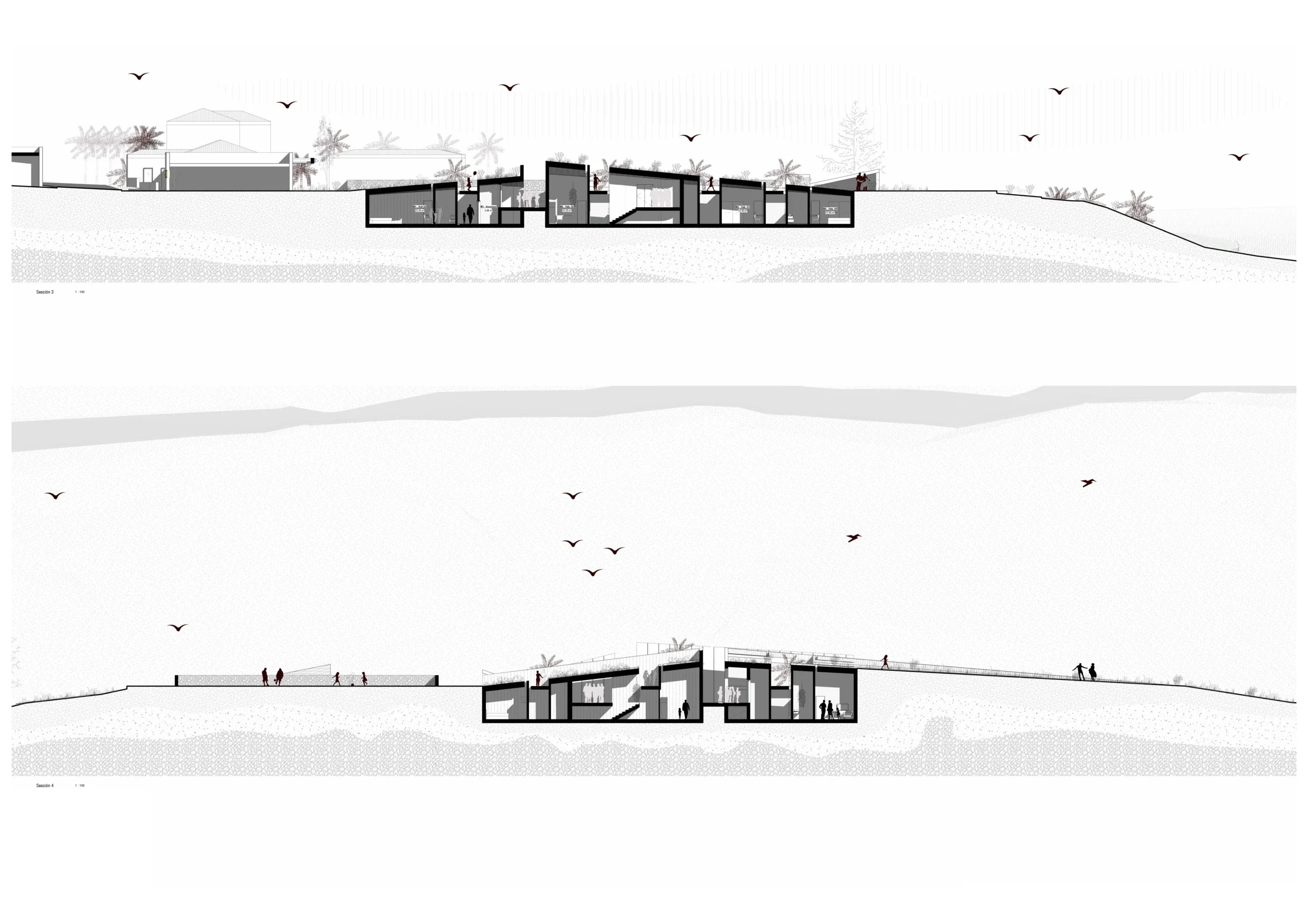 Secciones arquitectónicas del Refugio Hábitat Temporal en Fuerteventura