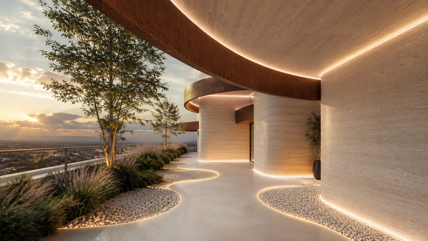 Entrada al edificio Terraces con hormigón calizo petos de arcilla marrón y luces LED