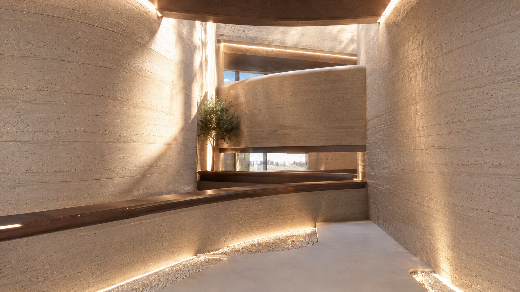 Patios interiores y bandejas terraza del residencial Terraces en Murcia